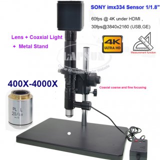 400-4000X Zoom Inspection Monocular C-mount Lens + Coaxial Light + 4K Ultra HD 60fps SONY imx334 1/1.8" Sensor HDMI GE port USB output WIFI digital microscope camera
