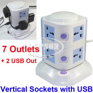 7 Ways Power Strip Multi Switched Vertical Socket Outlet + 2 USB Charger Ports