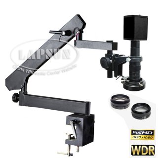 1080P 60FPS SONY IMX385 Black HDMI WDR Video Industry C-Mount Camera Microscope Set w Articulating Stand Clamp 0.75X Aux Lens 144 LED Ring Light