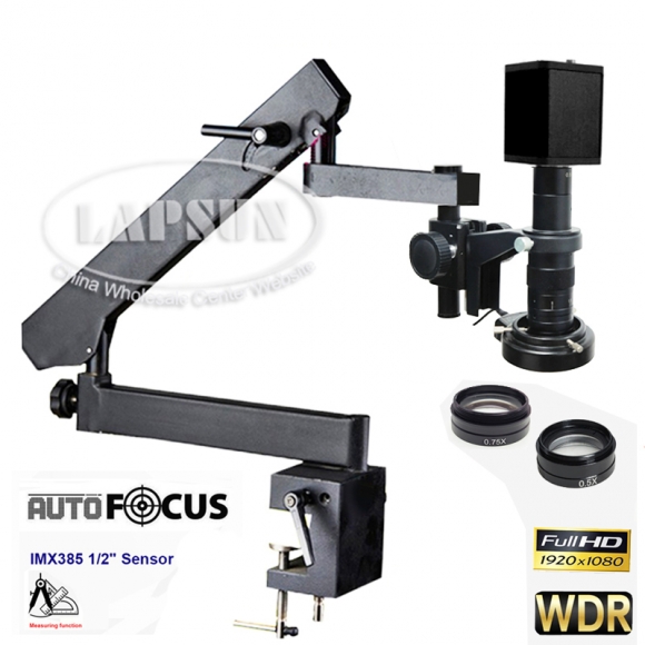 Sony IMX385 60FPS Auto Focus HDMI WDR Video Industry C-Mount Camera Microscope Set Articulating Stand Clamp 0.75X Barlow Lens V2