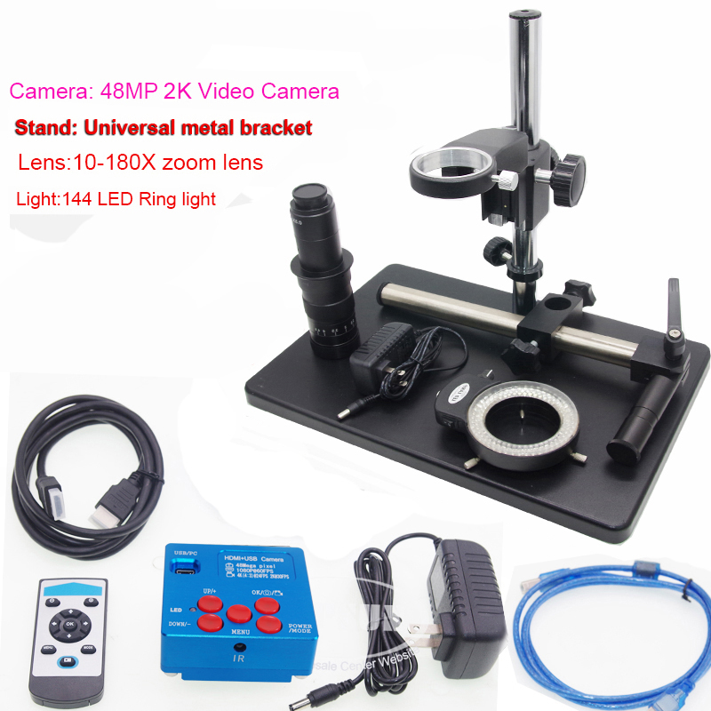 48.0MP HD Industrial Lab Microscope Camera 2K HDMI, 1080P @60FPS HDMI / USB Output , TF Card Video Recorde Zoom 10X-180X C-Mount Lens + Stand