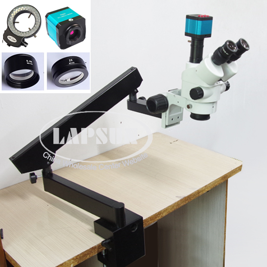 Simul Focal 3.5X - 90X Trinocular Industrial Inspection Zoom Stereo Microscope 14MP USB HDMI Video Camera + Long Arm Heavy Stand