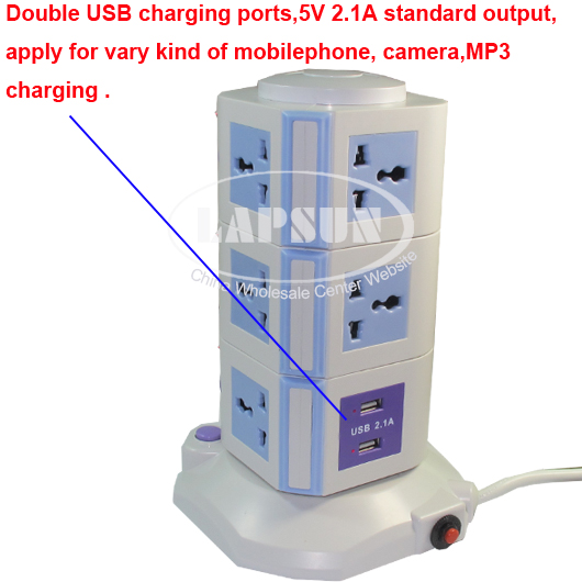 11 Ways Power Strip Multi Switched Vertical Socket Outlet + 2 USB Charger Ports