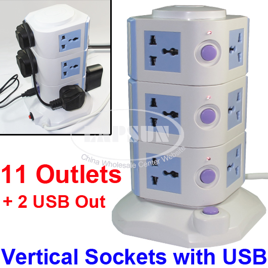 11 Ways Power Strip Multi Switched Vertical Socket Outlet + 2 USB Charger Ports